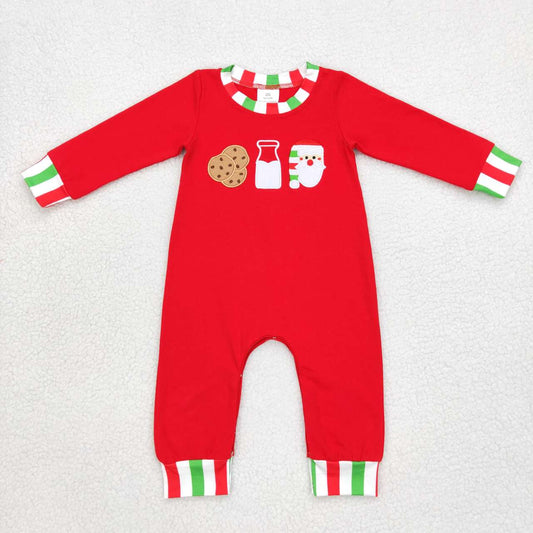 LR0629 Embroidery Cookies and Milk Santa Red, Green and White Striped Long Sleeve Jumpsuit