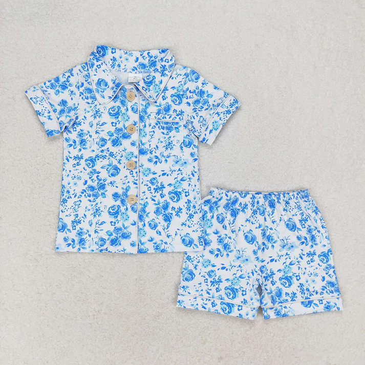 RTS Mommy and Me Family Baby Girls Blue Flowers Shirts Ruffle Shorts Pajamas Clothes Sets