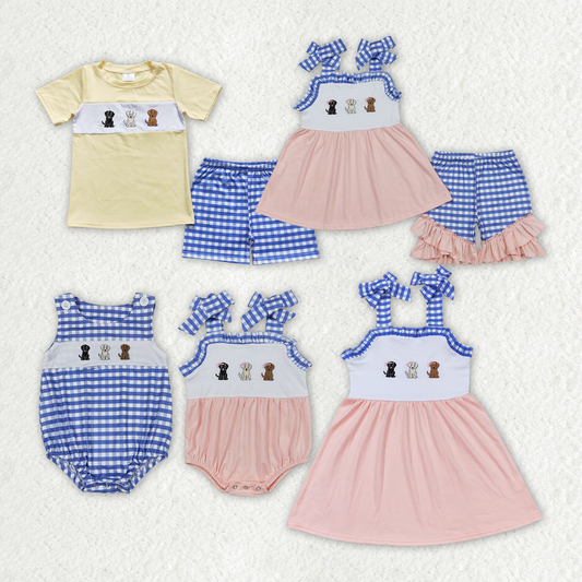 RTS SR1048 + BSSO0598 Embroidery three puppies beige short-sleeved blue and white plaid short