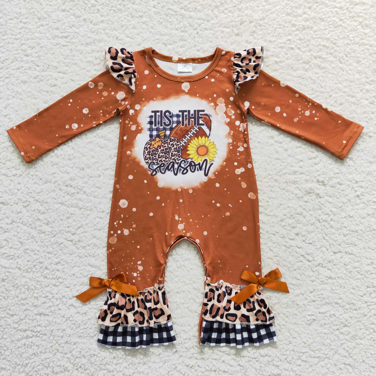 LR0611 tis the season leopard print pumpkin rugby plaid brown long-sleeved jumpsuit