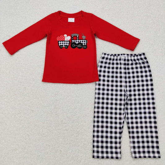 BLP0403 Embroidery Love Tractor red long-sleeved black and white plaid trousers suit