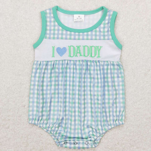 SR0714 I love daddy embroidered lettering teal plaid sleeveless jumpsuit