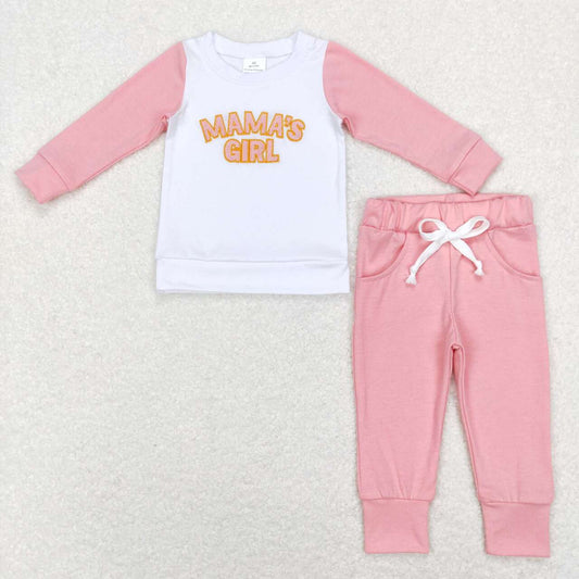 GLP1075 mama's girl embroidered lettering white raglan long sleeve purple pants suit