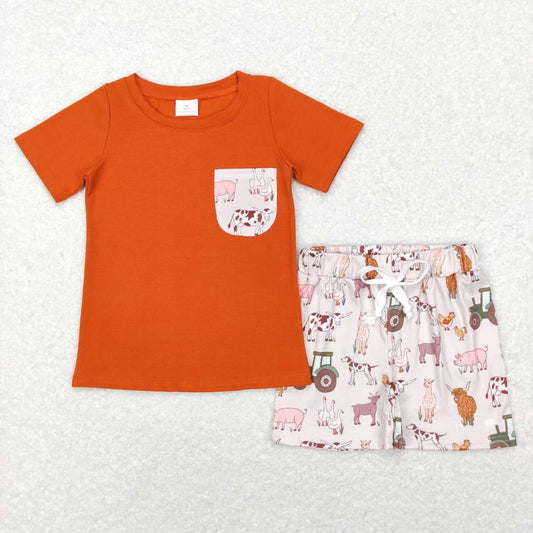 BSSO0339 Farm Animal Tractor Pocket Brown Short Sleeve Shorts Set