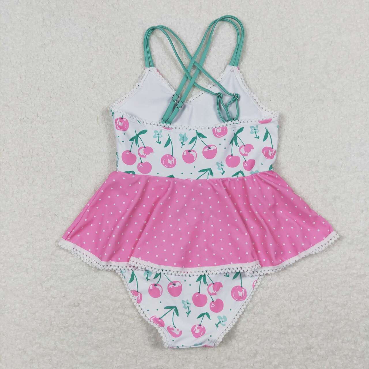 S0251 Cherry polka dot lace pink and white suspender one-piece swimsuit