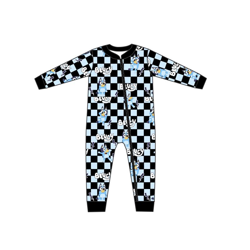 Cartoon dog plaid zipper long sleeve jumpsuit