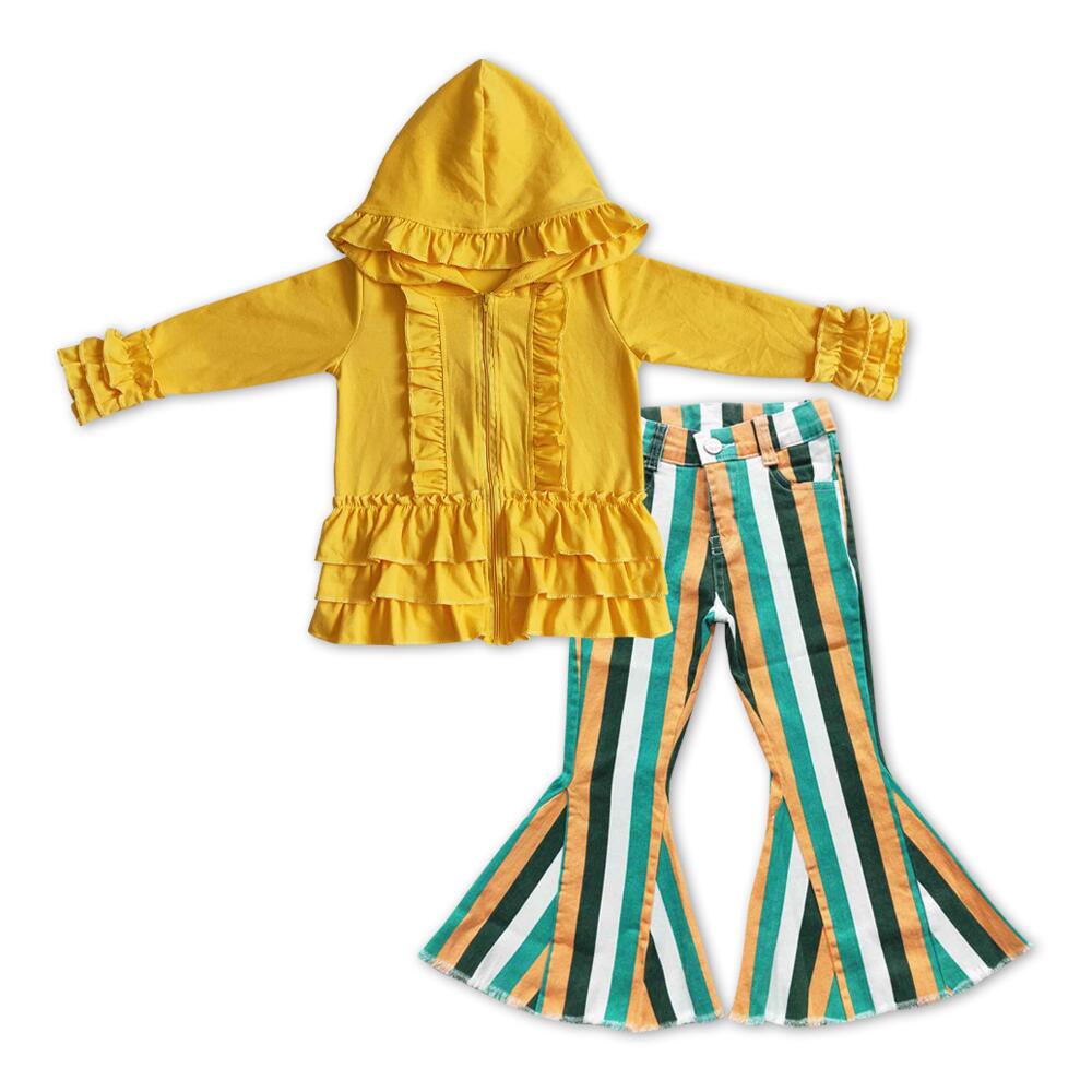 GT0018 Girls yellow hooded zipper long sleeve jacket+P0131 Green orange striped denim trousers