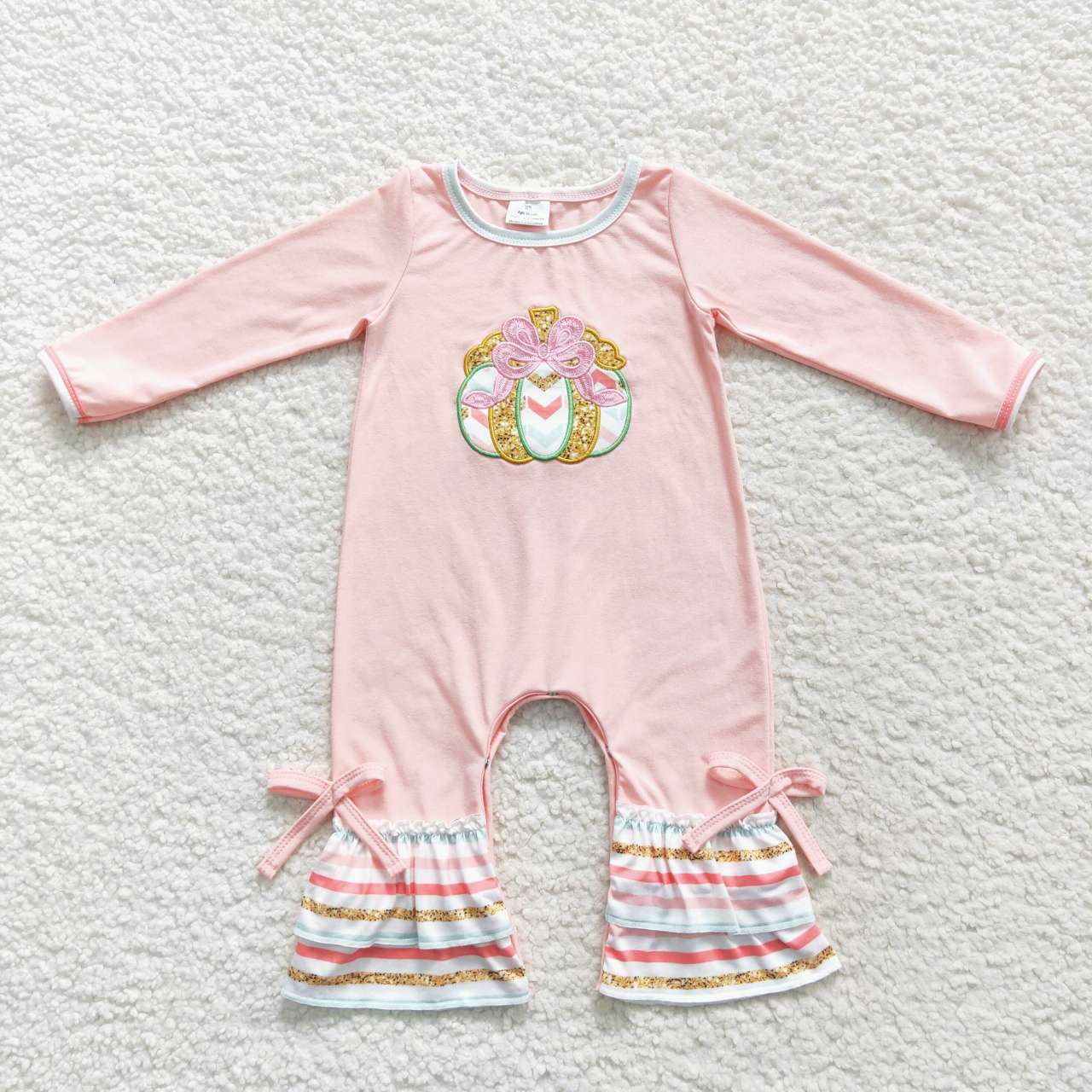 LR0402 Embroidered Bow Gold Embroidered Pumpkin Stripe Lace Pink Long Sleeve Bodysuit