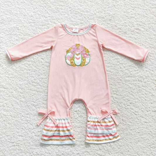 LR0402 Embroidered Bow Gold Embroidered Pumpkin Stripe Lace Pink Long Sleeve Bodysuit