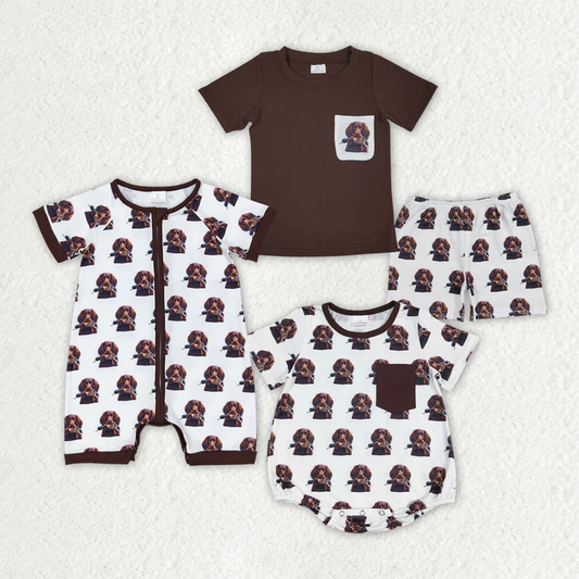 RTS NO MOQ Baby Boys Brown Pocket Dogs Sibling Rompers Clothes Sets