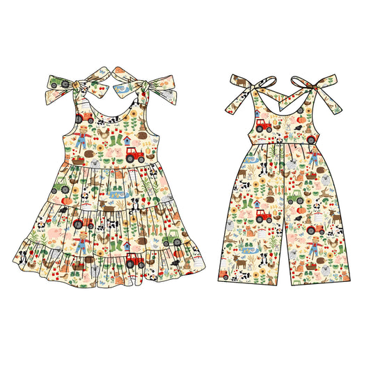 3.15 custom each style moq 5eta 4-6week Sibling Sistern farm baby girl short sleeve dresses and jumpsuit match design