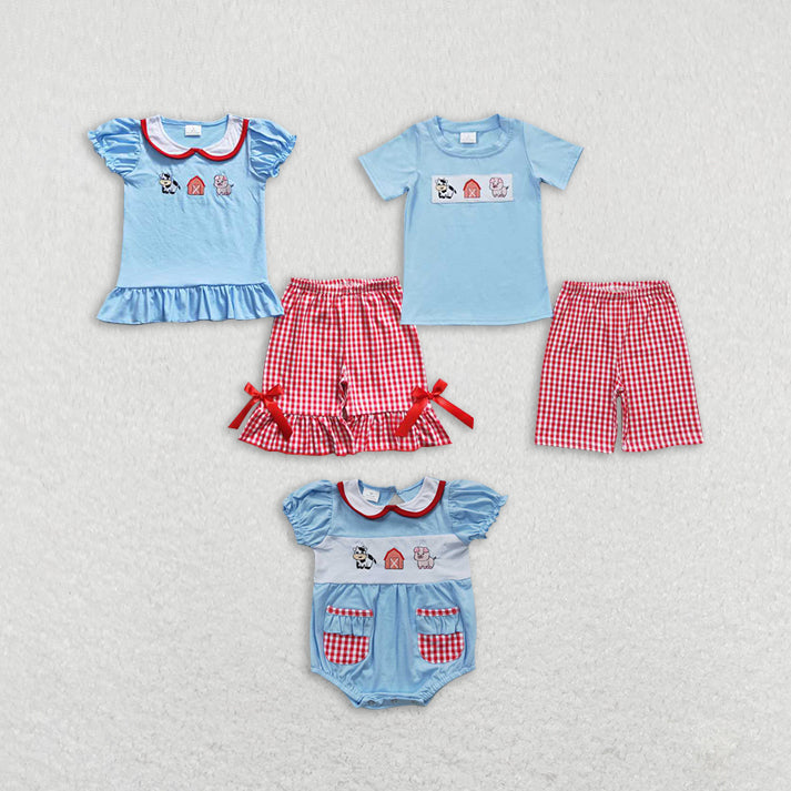 Baby Girls farm style cow prints blue and red Sibling Rompers Clothes Sets