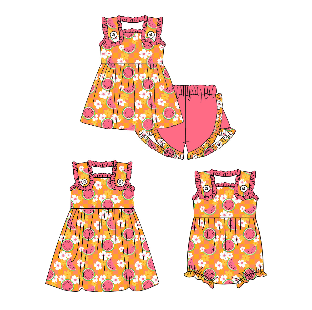 1.24 custom each style moq 5eta 4-6week Sibling Sisters watermelon baby girl short sleeve shorts sets and dress and rompers match family design