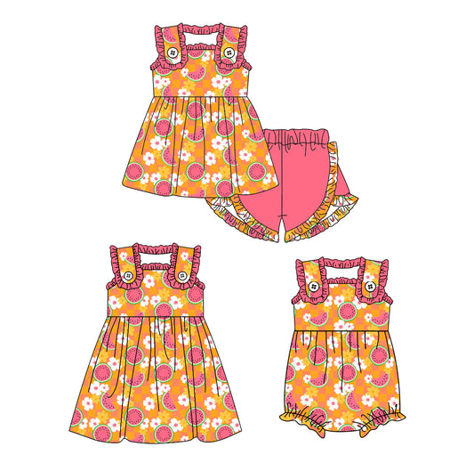 1.24 custom each style moq 5eta 4-6week Sibling Sisters watermelon baby girl short sleeve shorts sets and dress and rompers match family design