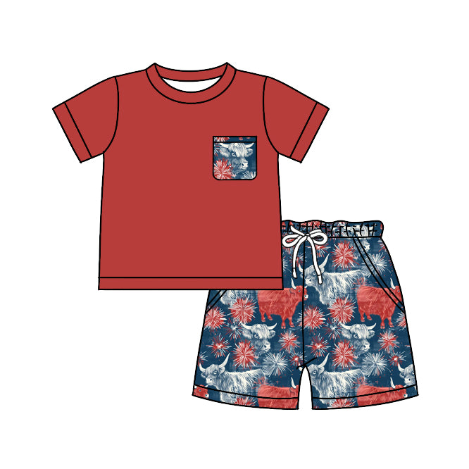 5.8custom each style moq 5eta 4-5week Sibling Sister red yak and fireworks prints navy blue boys outfits and baby romper and backpack match family design