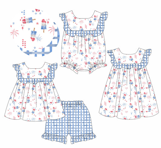 1.17 custom each style moq 5eta 4-6week Sibling Sisters firework baby girl short sleeve shorts sets and dress and rompers match family design