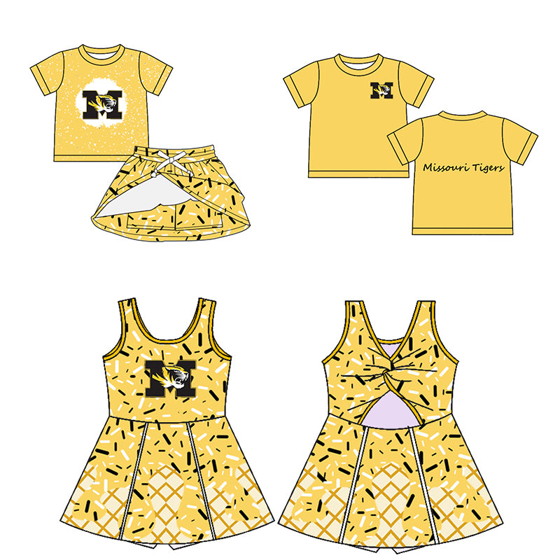 Custom moq 5 mix sizes summer teams baby girls clothes team yellow short sleeve skirts shorts sets dress top-25.5.9