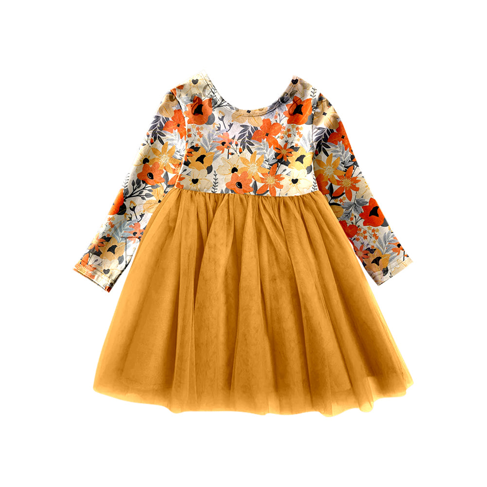 4.26 custom moq 5 eta 4-5weeks ORANGE FLOWER PRINTS LONG SLEEVES MESH SKIRT