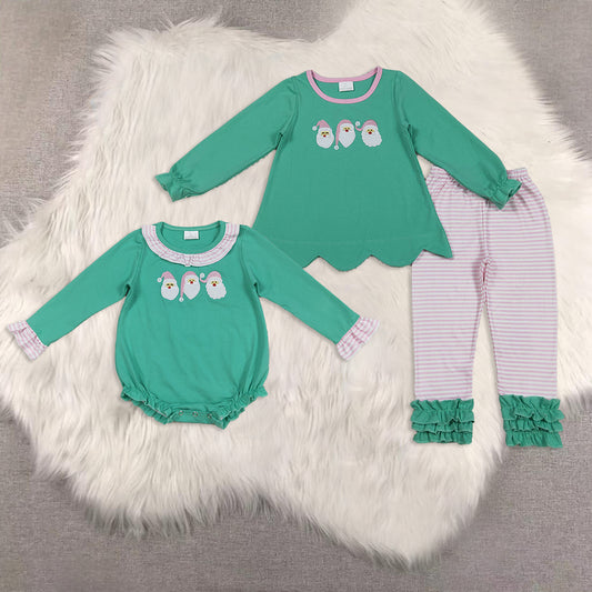 RTS NO MOQ Sibling Baby girls clothes embroidery Christmas long-sleeved trousers suit & rompers