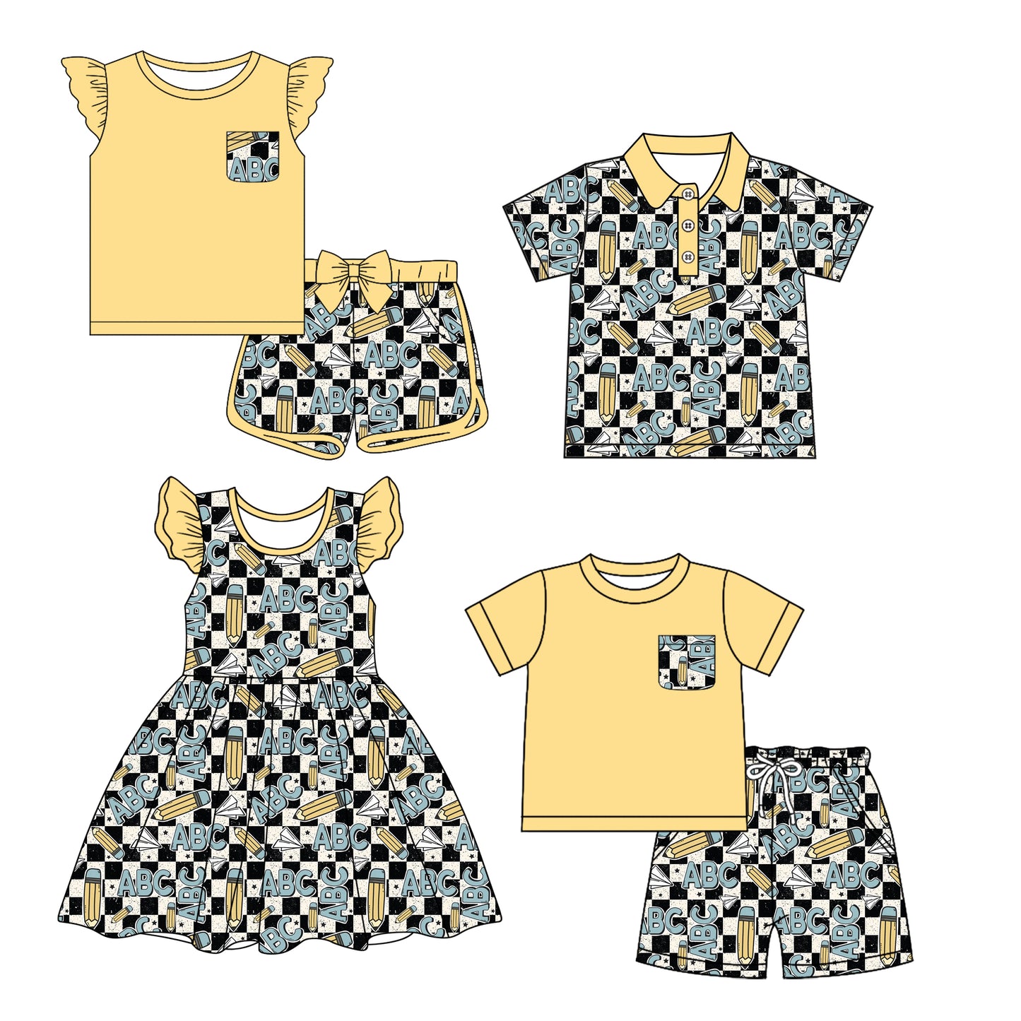 12.30 custom each style moq 5eta 4-6week Sibling Sister ABC baby girl short sleeve shorts sets and sets 2 and top and dress match design