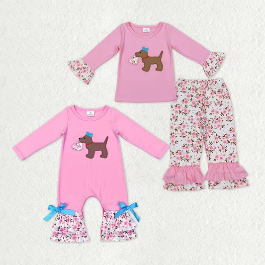 RTS NO MOQ Sibling baby girl clothes embroidery love puppy long-sleeved pants suit and romper
