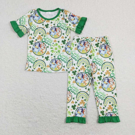 GSPO1112 lucky charm cartoon bluey four-leaf clover lace white green short-sleeved trousers suit
