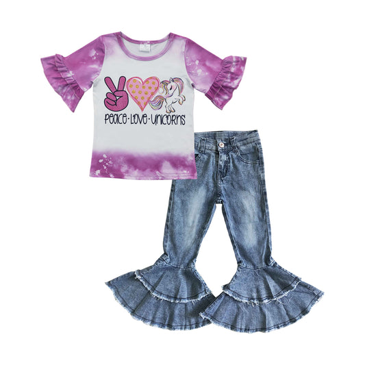 GT0161 Girls Love Unicorn Purple Short Sleeve Top+C5-15 Light bleached double denim flared pants