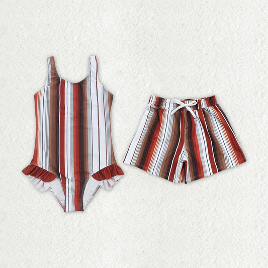 RTS Baby Girls Boys Brown Stripes Western Summer Trunk Swimsuits