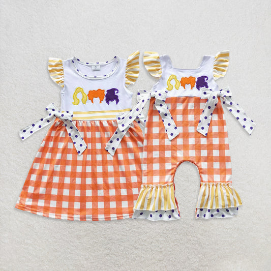 RTS NO MOQ Sibling baby girl clothes halloween hocus flying sleeve romper & dress