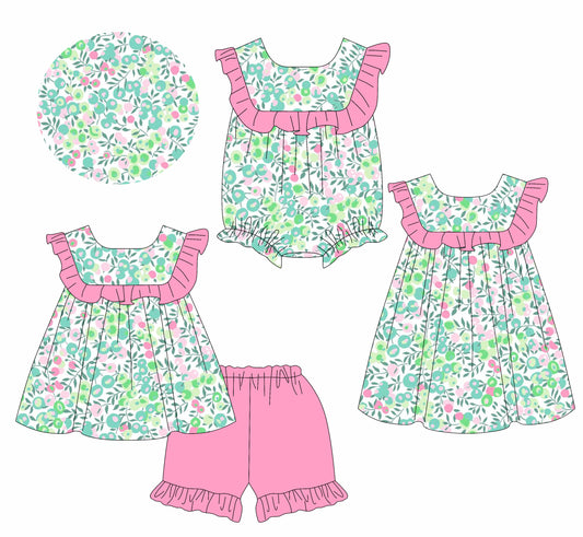 1.14 custom each style moq 5eta 4-6week Sibling Sisters floral baby girl short sleeve shorts sets and dress and rompers match family design