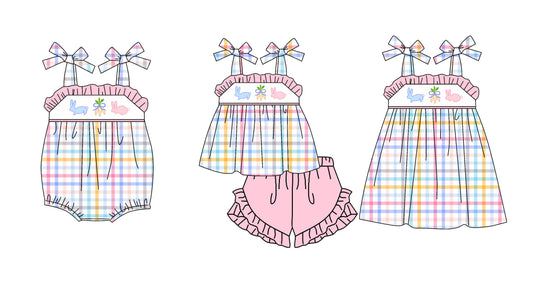 1.8 custom each style moq 5eta 4-6week Sibling Sister easter bow baby girl short sleeve shorts sets and dress and rompers match family design