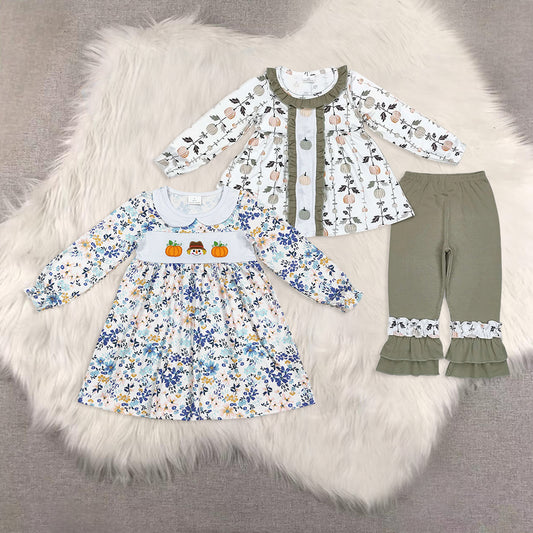 RTS NO MOQ Sibling Baby Girls clothes embroidery pumpkin Long Sleeve Pants Sets and dress