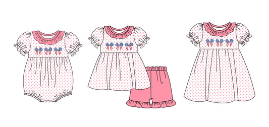 12.31 custom each style moq 5eta 4-6week Sibling Sistes bow baby girl short sleeve shorts sets and dress and rompers match family design