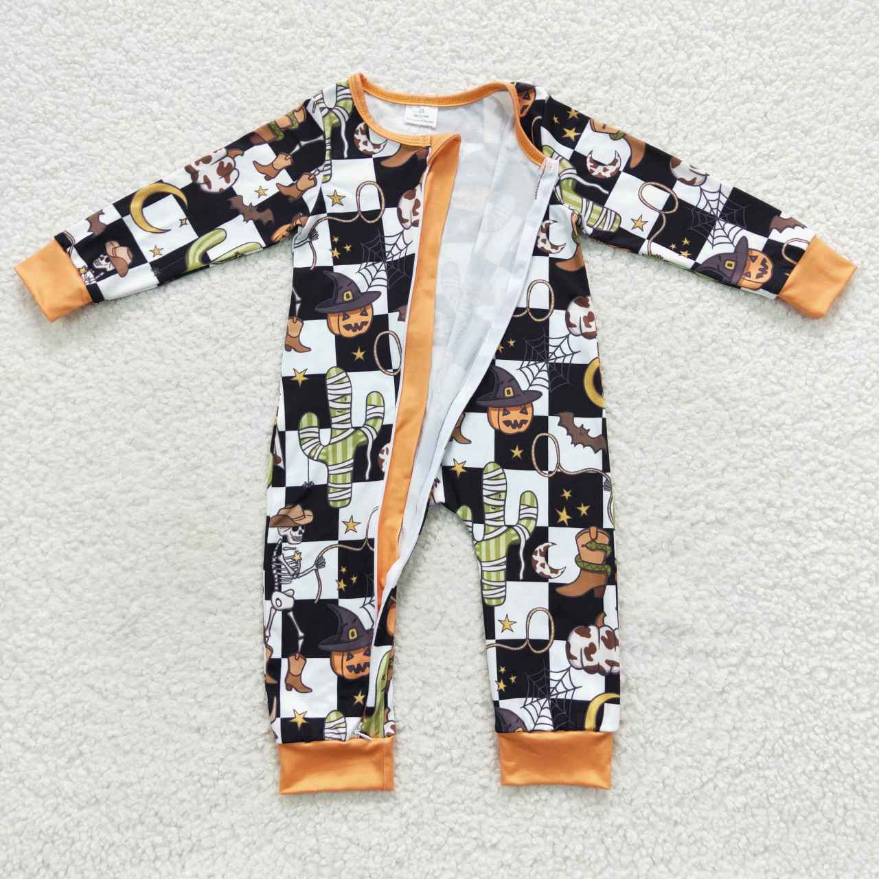 LR0404 Skull Cactus Pumpkin Black and White Plaid Zipper Long Sleeve Bodysuit