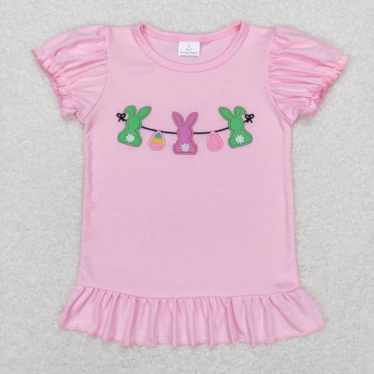 GT0391 Embroidery Easter Egg Rabbit Pink Lantern Sleeve Short Sleeve Top