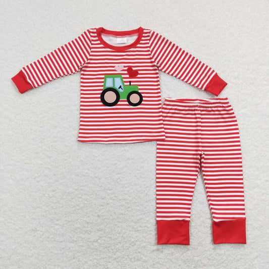 BLP0438 Embroidery Love Tractor red and white striped long-sleeved trousers suit