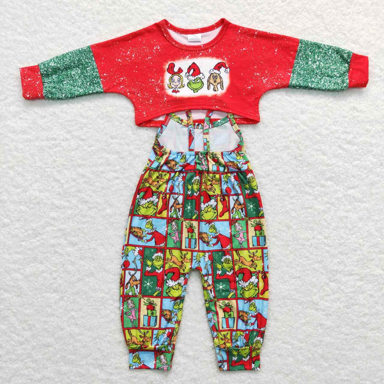 GLP0814 Cartoon grinch red and green long-sleeved plaid suspender jumpsuit and pants suit