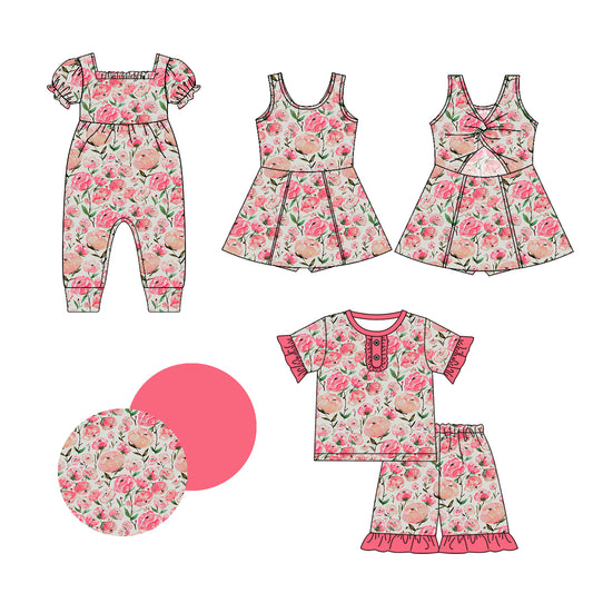 1.2 custom each style moq 5eta 4-6week Sibling Sistes floral baby girl short sleeve shorts sets and dress and rompers match family design