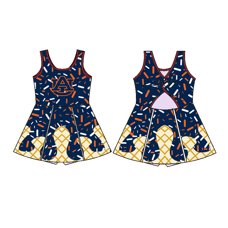 Custom moq 5 mix sizes summer teams baby girls clothes team navy blue short sleeve skirts shorts sets dress top-25.5.9