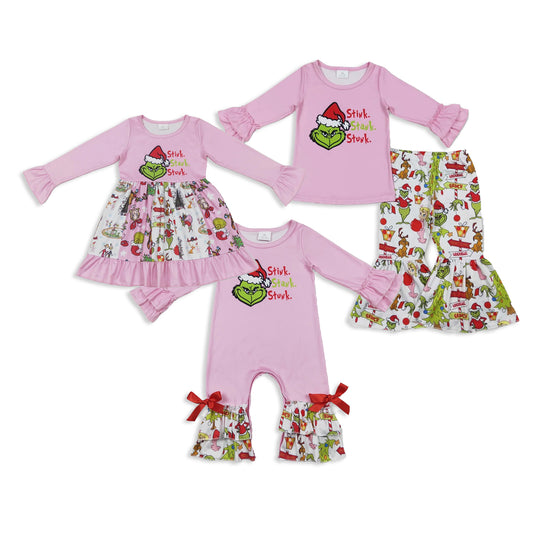 RTS NO MOQ Sibling baby girls clothes Christmas cartoon long-sleeved trousers suit & romper & dress