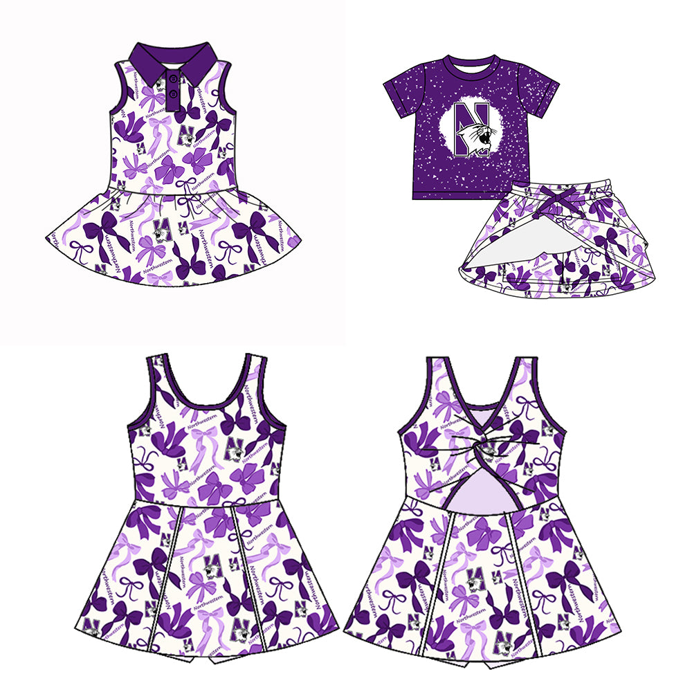 Custom moq 5 mix sizes summer teams baby girls clothes team purple short sleeve skirts shorts sets dress 1 and dress 2-25.5.10