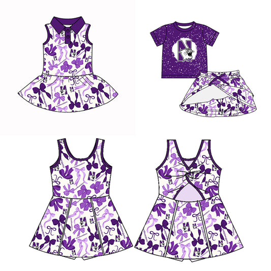 Custom moq 5 mix sizes summer teams baby girls clothes team purple short sleeve skirts shorts sets dress 1 and dress 2-25.5.10