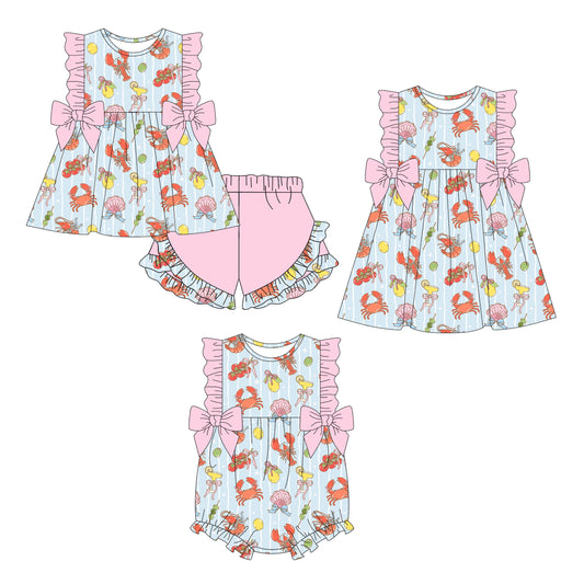 26.1.3 custom each style moq 5 eta 6-8week Sibling Sister bow lobster baby short sleeve shorts sets and romper and dress match design