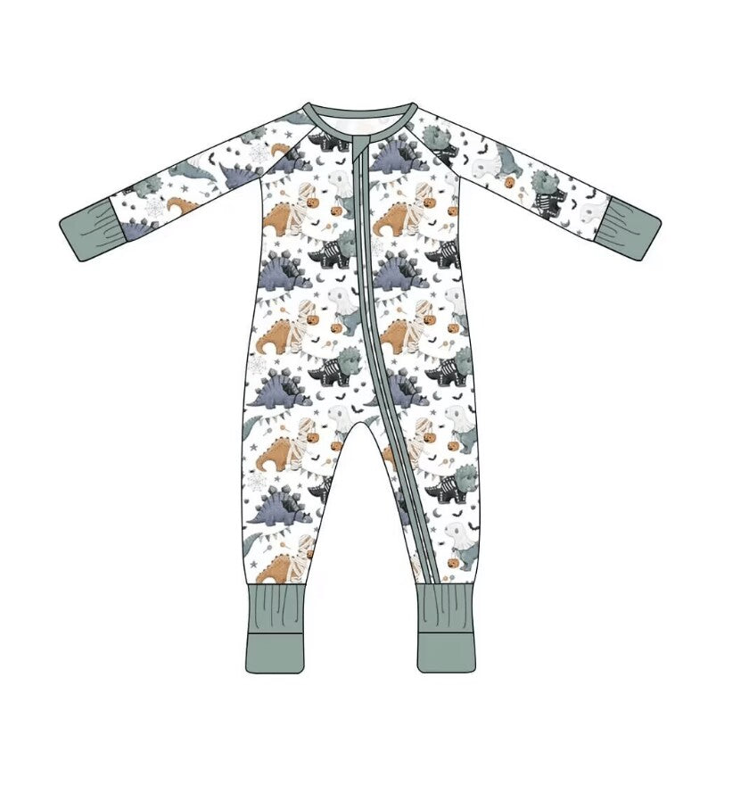 5.10custom each style moq 5eta 4-5week Sibling Sister Halloween cute Dinosaur prints green girls and boys outfits and baby rompers match family design