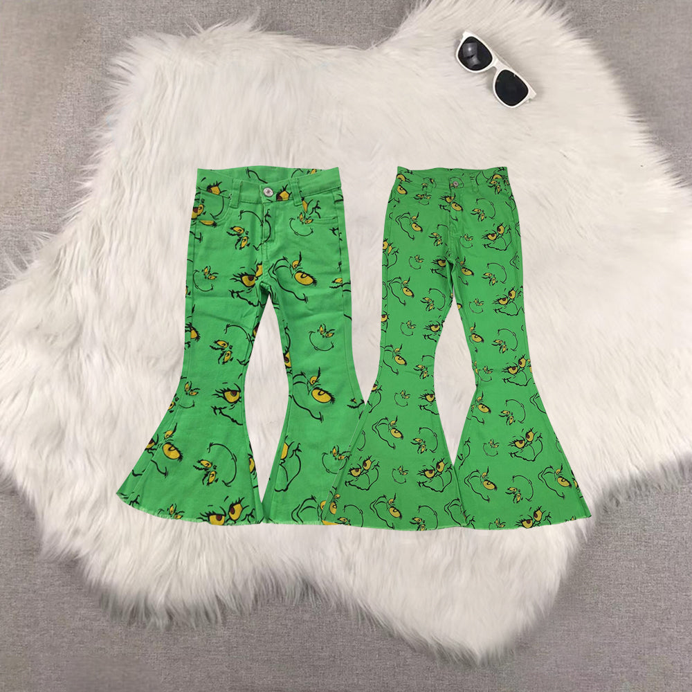 RTS NO MOQ Sibling Baby Girls Clothes and Adult clothes Christmas green Jeans: Flared & Ripped
