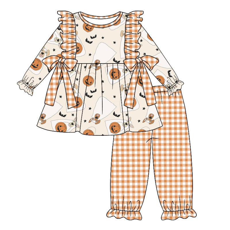 5.7custom each style moq 5eta 4-5week Sibling Sister Halloween pumpkin prints orange boys and girls outfits and baby romper match family design