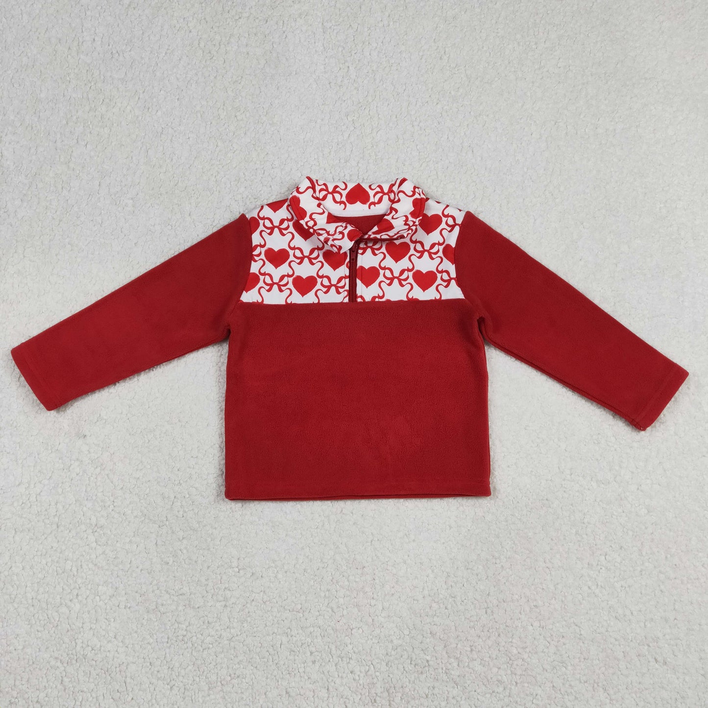 RTS NO MOQ（In Stock) Red Plush Zipper Long-Sleeve Top with Heart and Bow Design