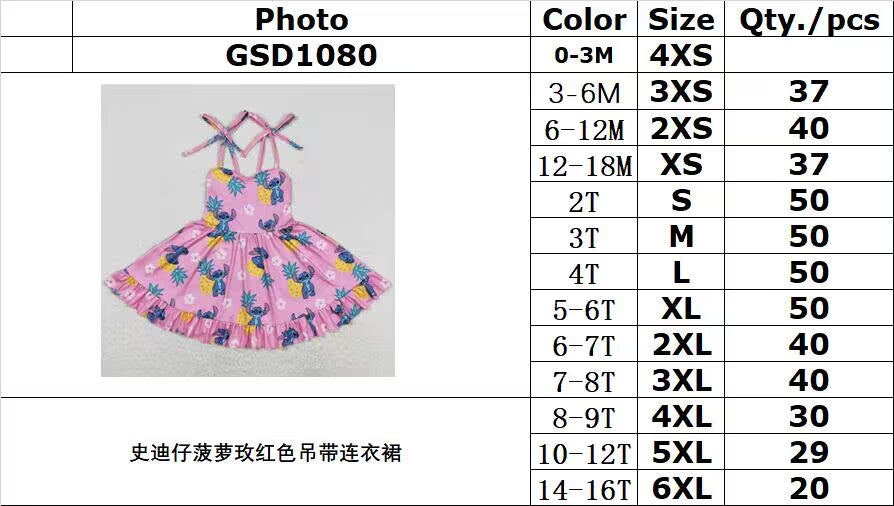 RTS no moq GSD1080 Stitch pineapple rose red suspender dress