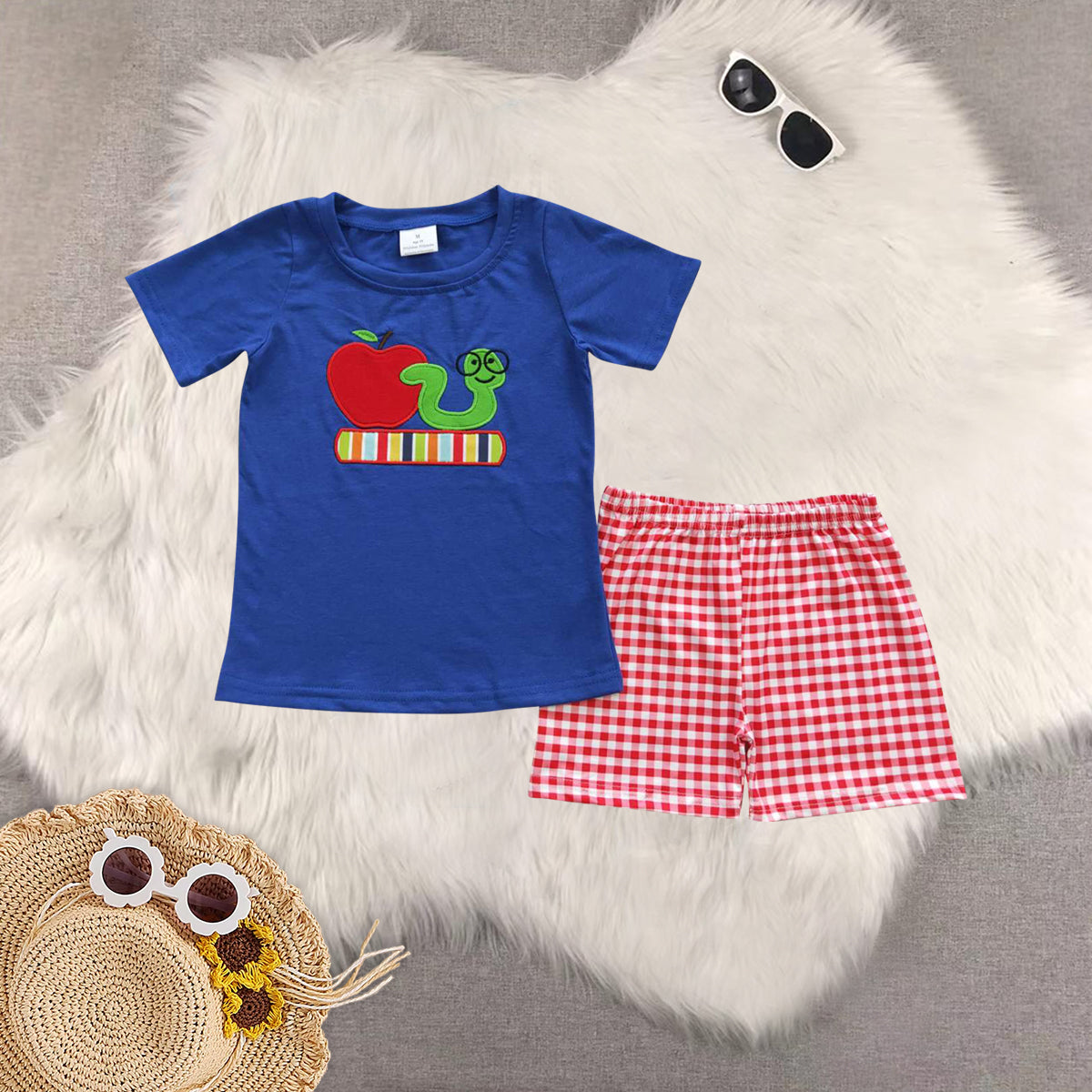 RTS NO MOQ baby girl clothes embroidery back to school short-sleeved shorts suit & short-sleeved sets