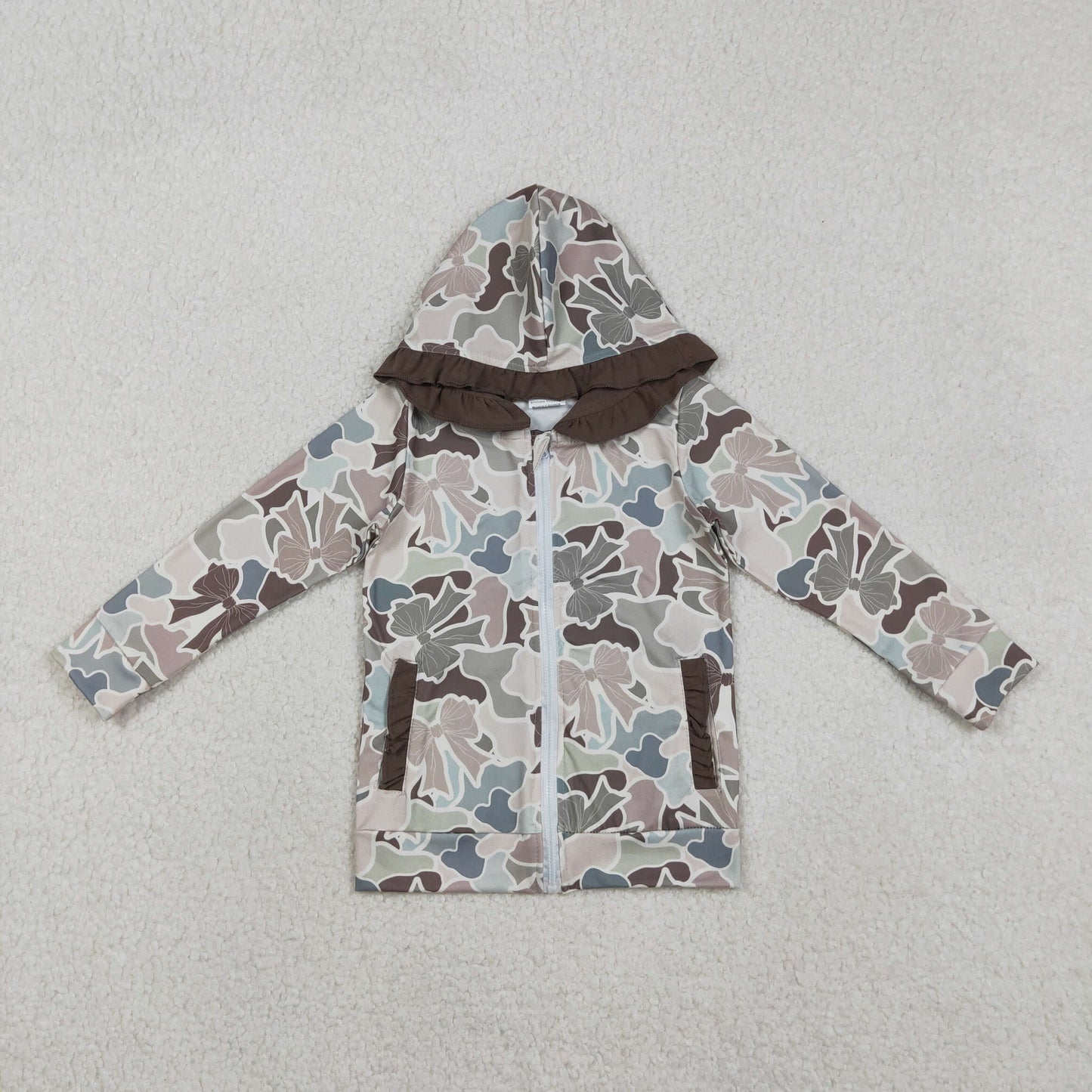 12/18m-7/8t RTS NO MOQ（In Stock) GT1263 Bow Pattern Brown Lace Camouflage Zippered Hooded Long-Sleeved Top